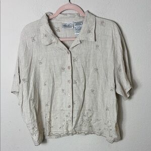 Kathie Lee Vintage Button Down Size XL Oat Linen Blend Embroidered Florals